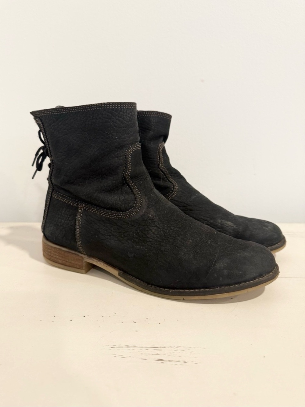 Josef Seibel Black Nubuck Leather Ankle Boots Lace-Back Detail Size 10 (EU 41)